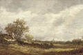 An extensive landscape with a horseman and other travellers on a path near a cottage, a church spire beyond - (after) Jan Van Goyen