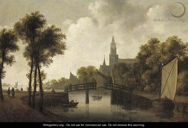 A river landscape with fishermen and other figures by a bridge, a church beyond - (after) Jan Van Goyen