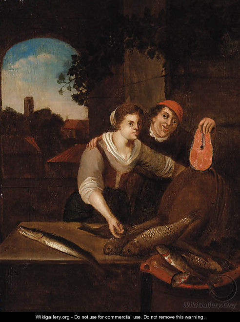 A Fishmonger and a Peasant Woman at a casement - (after) Jan Steen
