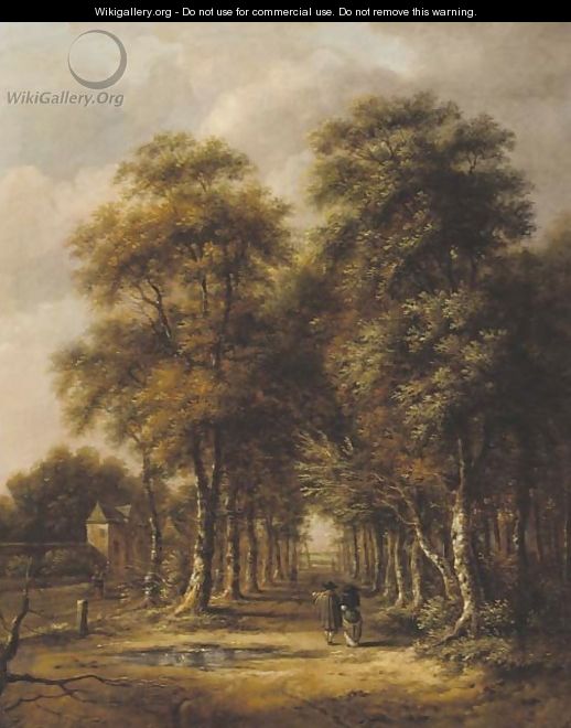 An avenue of trees with an elegant couple walking - (after) Jan Hackaert