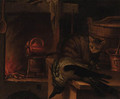 A kitchen still life with a cat and a magpie - (after) Jan Fyt