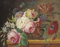 Roses, tulips and other flowers in a basket on a ledge - (after) Jan Frans Van Dael
