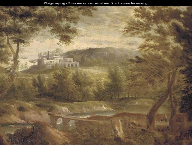 An Italianate landscape with figures by a lake, a town beyond - (after) Jan Frans Van Orizzonte (see Bloemen)