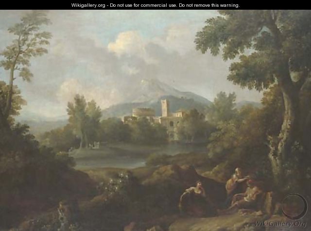 An Italianate landscape with classical buildings and figures by a lake - (after) Jan Frans Van Orizzonte (see Bloemen)