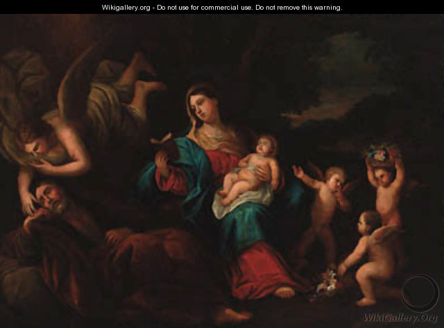 The Holy Family with an angel and putti in a landscape - (after) Guido Reni