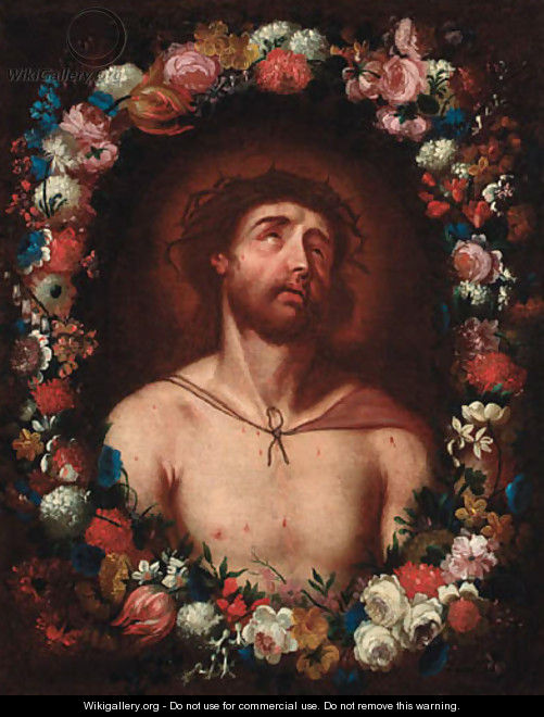 Christ crowned with thorns within a floral surround - (after) Guido Reni