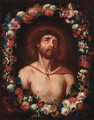 Christ crowned with thorns within a floral surround - (after) Guido Reni