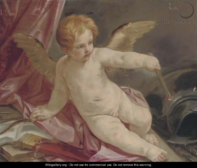 An Allegory of Love triumphant over War Cupid reclining on a couch with a torch, armour beside him - (after) Guido Reni