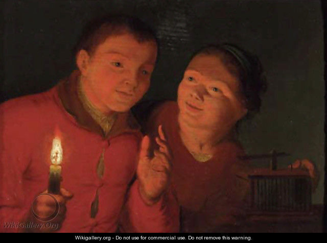 Children watching a birdcage by candlelight - (after) Godfried Schalcken