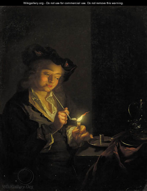 A youth seated by a table lighting a pipe with a candle - (after) Godfried Schalcken