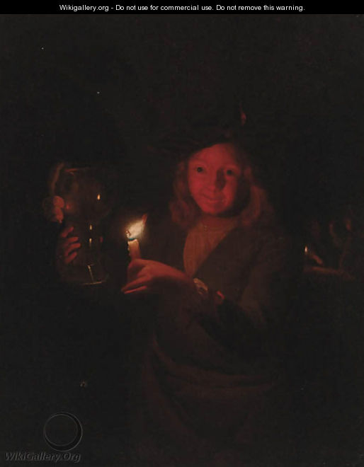 A boy holding a roemer by candlelight - (after) Godfried Schalcken