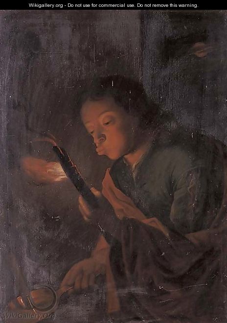 A boy holding a candle and blowing at an ember - (after) Godfried Schalcken