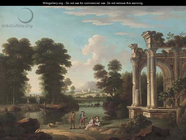 A classical wooded river landscape with elegant company discoursing by ruins - (after) Hendrik Frans Van Lint