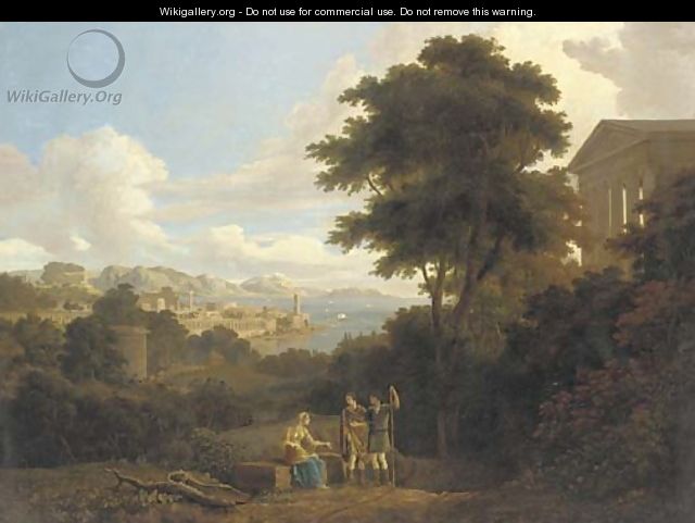 A classical landscape with figures conversing on a hilltop near a temple, a coastal town beyond - (after) Hendrik Frans Van Lint