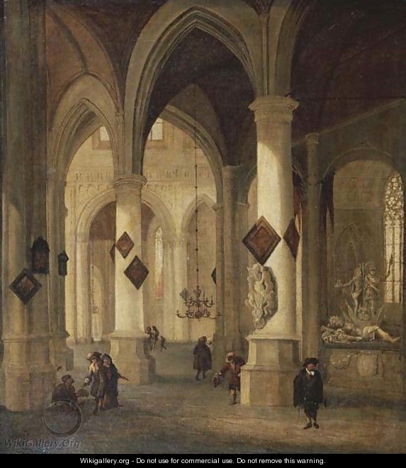 The interior of the Oude Kerk, Delft, with peasants and elegant townsfolk near the funerary monument of Admiral Maerten Harpertsz. Tromp - (after) Hendrick Van Vliet