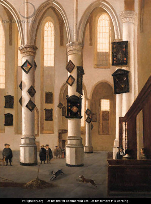 A view in the Oude Kerk, Delft, looking east from the Northern aisle, with townsfolk near an open grave - (after) Hendrick Van Vliet