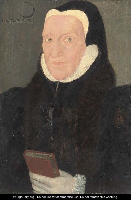 Portrait of a lady, quarter-length, in a black coat with a white ruff, holding a book - (after) Holbein the Younger, Hans