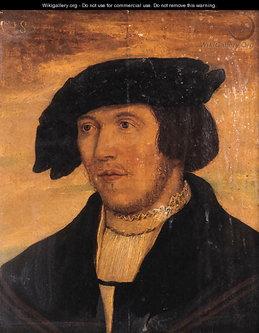 Portrait of a young bearded man, small bust length, wearing a black coat with lace chemise and black hat - (after) Holbein the Younger, Hans