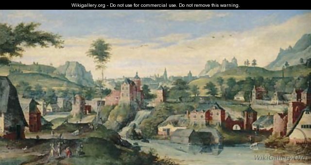 An extensive landscape with Abraham and the three Angels - (after) Hans Bol