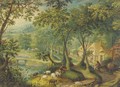A wooded landscape with a shepherd and sheep on a track with figures before cottages beyond - (after) Hans Bol