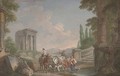A landscape with classical ruins and drovers and their cattle at a pond - (after) Hubert Robert