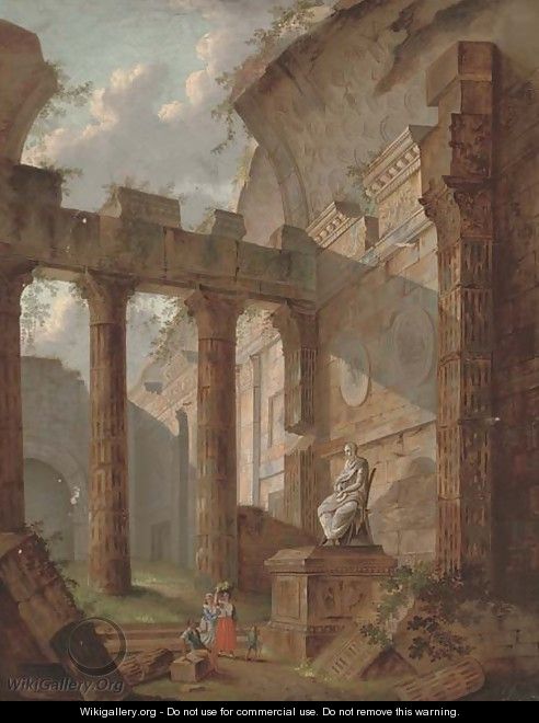 A capriccio of classical ruins with figures by a statue - (after) Hubert Robert