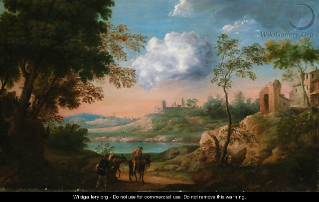 An Italianate landscape with travellers and donkeys on a track - (after) Herman Van Swanevelt