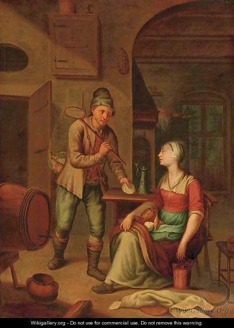 A fisherman presenting a shell to a maid - (after) Heroman Van Der Mijn