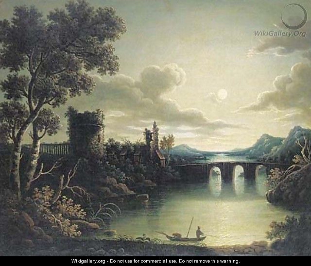 A moonlit watch tower by a river - (after) Henry Pether