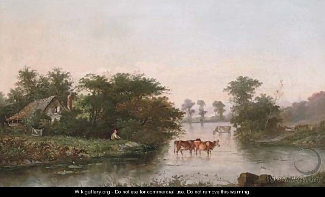 A herder watering cattle by a riverside cottage - (after) Henry John Boddington
