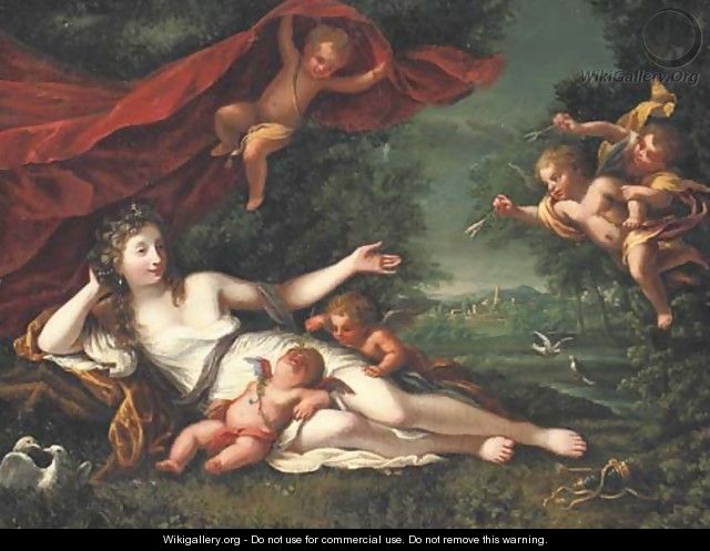 Venus and Cupid with attendant putti, a classical landscape beyond - (after) Henri Gascars