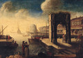 A capriccio of an Italianate port with an elegant couple on a quay - (after) Hendrik Van Minderhout