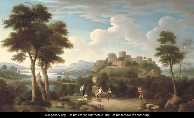 An Italiante landscape with elegant figures by a sculpted urn and a lady crossing a bridge with classical buildings beyond - (after) Hendrik Frans Van Lint (Studio Lo)