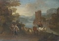 An Italianate river landscape with shepherdesses and a herdsmen, a town beyond - (after) Hendrik Frans Van Lint (Studio Lo)
