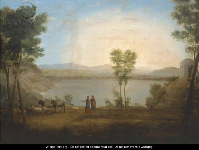 A classical landscape with a shepherd and shepherdess by a lake - (after) Hendrik Frans Van Lint (Studio Lo)