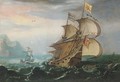 A Dutch man-o'-war and other shipping in choppy seas - (after) Hendrik Cornelisz. Vroom