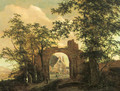 Travellers by the gate of a ruined country mansion - (after) Jacob Van Ruisdael