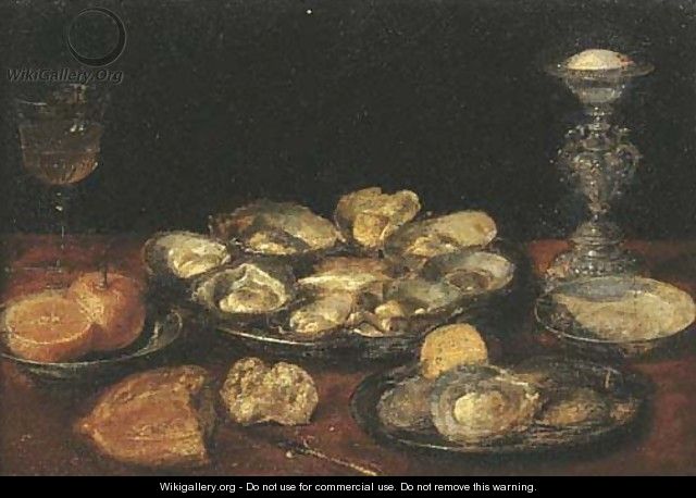 Oysters, a lemon and oranges on pewter plates with a facon-de Venise wineglass - (after) Jacob Fopsen Van Es