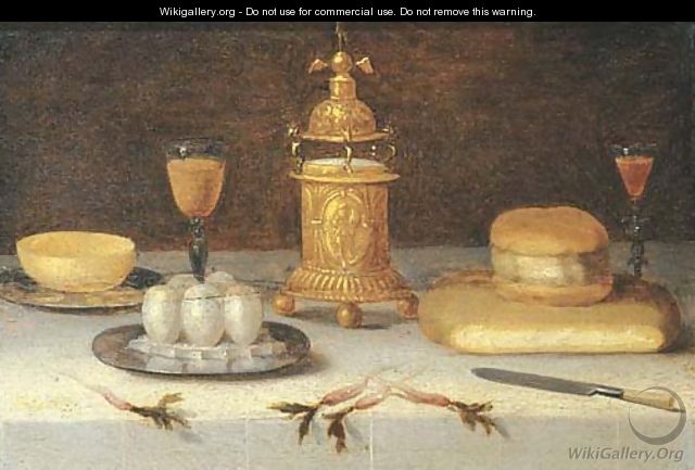 Eggs and a bowl on pewter plates with facon-de-Venise wineglasses - (after) Jacob Fopsen Van Es