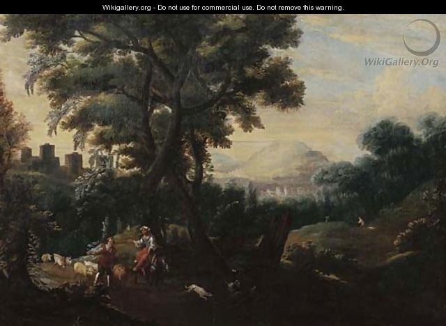 An Italianate landscape with a shepherd couple leading their flock down a path - (after) Jacob De Heusch