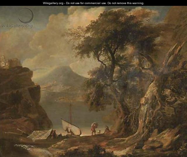 A mountainous river landscape with figures and boats in a wooded inlet - (after) Jacob De Heusch