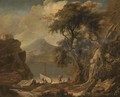 A mountainous river landscape with figures and boats in a wooded inlet - (after) Jacob De Heusch