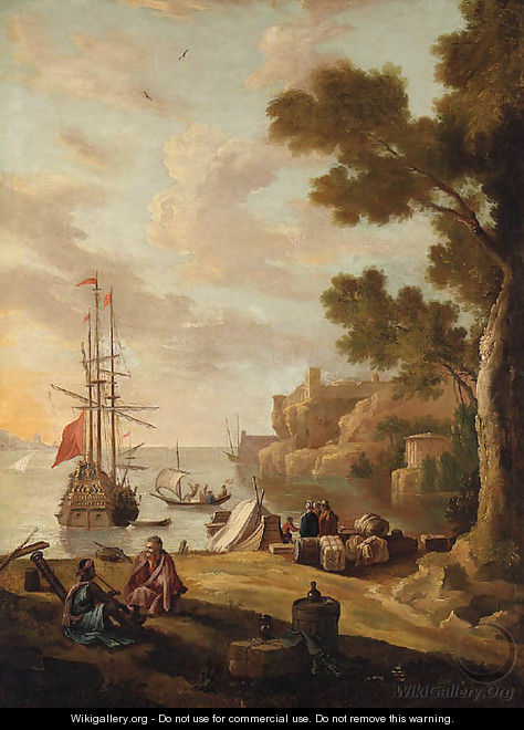 A Mediterranean Coastline with Travellers on the Shore, a Man-o