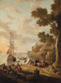 A Mediterranean Coastline with Travellers on the Shore, a Man-o'-War beyond - (after) Jacob De Heusch