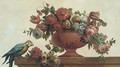 Roses, tulips, carnations, morning glory and other flowers in a vase with a parrot on a ledge - (after) Jacob Bogdani