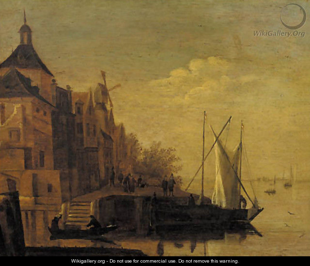 A town by a river with sailing vessels moored at a quay, at dusk - (after) Jacob Adriaensz. Bellevois