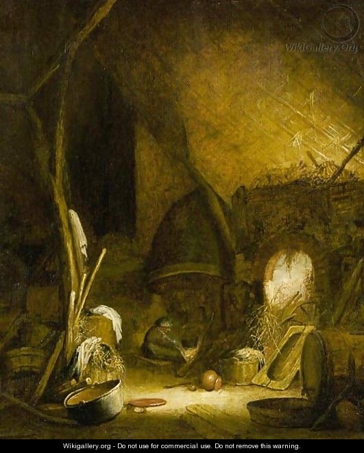 A peasant woman seated by a fire in a barn, pots and pans in the foreground - (after) Isaac Jansz. Van Ostade