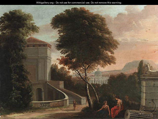 Classical figures in a wooded italianate landscape, with the Basilica of Saint Peter beyond - (after) Isaac De Moucheron