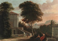 Classical figures in a wooded italianate landscape, with the Basilica of Saint Peter beyond - (after) Isaac De Moucheron