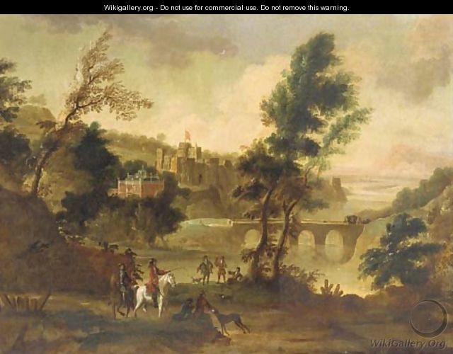 A hawking party resting in a landscape, a castle beyond - (after) Isaac De Moucheron